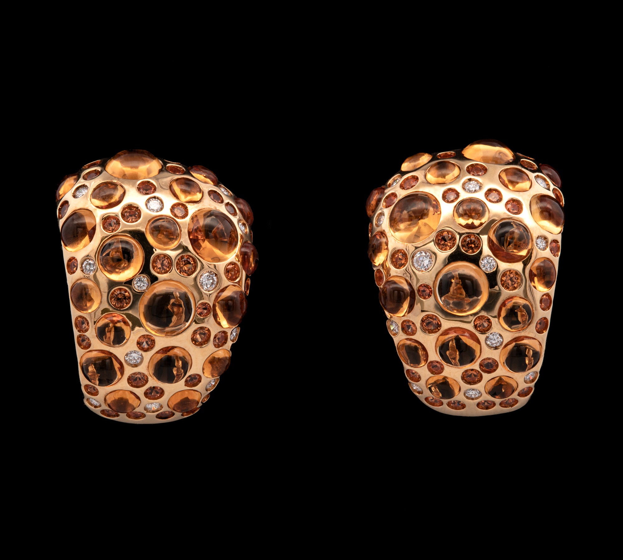 18K Yellow Gold Rodney Rayner Citrine, Orange Sapphire, And Diamond Bubble Hoop Earrings with Omega Backs