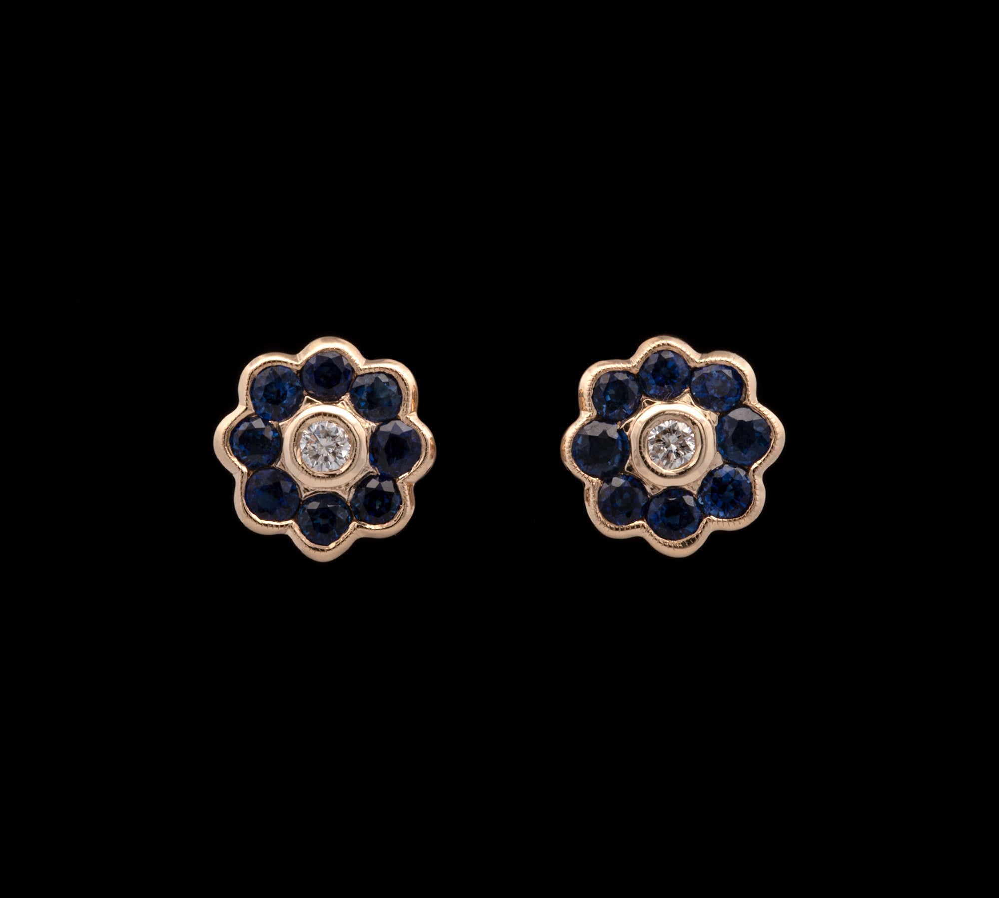 18K Yellow Gold Sapphire And Diamond Cluster Stud Earrings