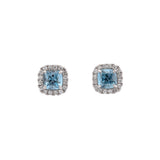 14K White Gold Cushion Cut Aquamarine And Diamond Halo Earrings