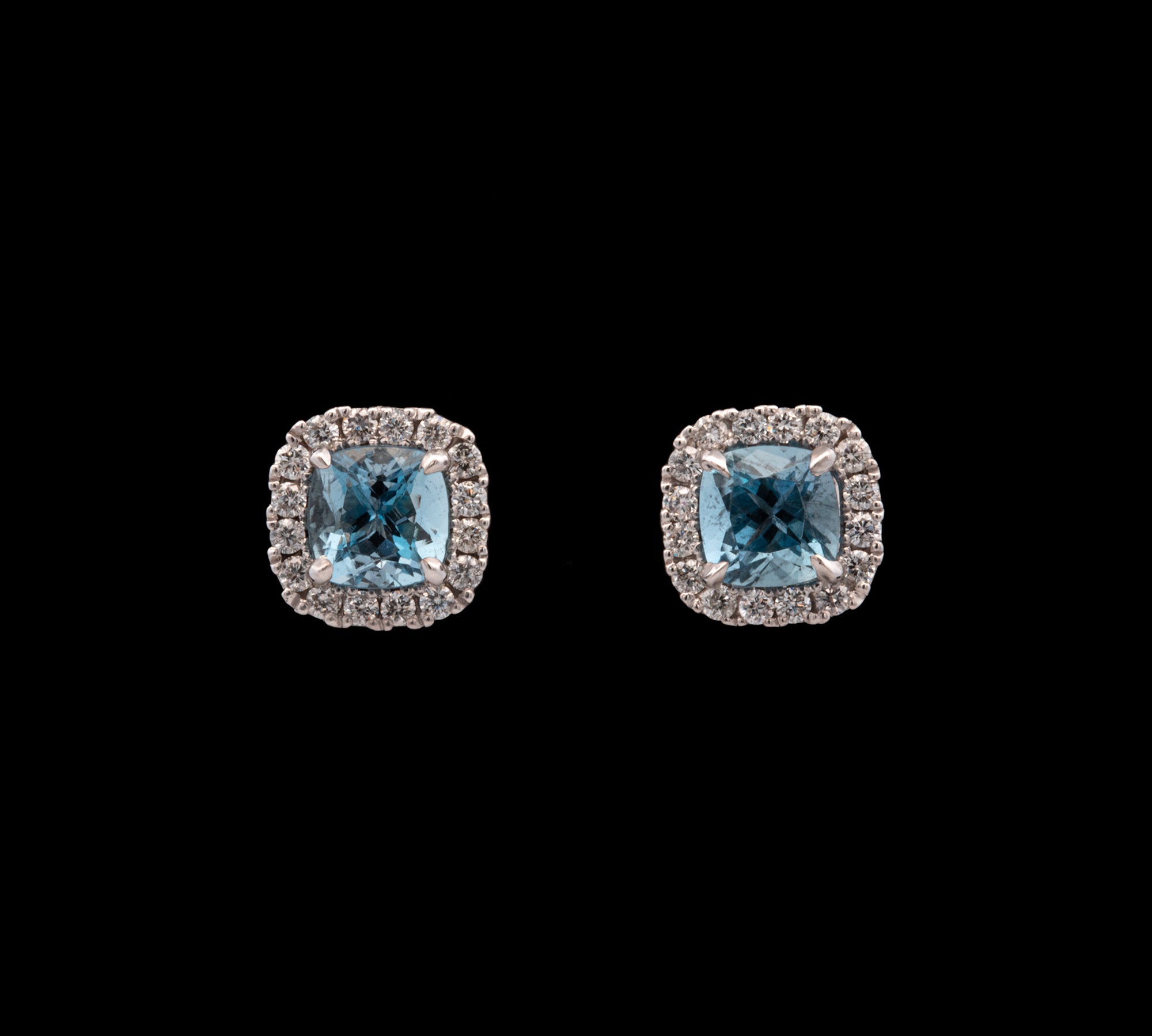 14K White Gold Cushion Cut Aquamarine And Diamond Halo Earrings