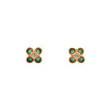 14K Yellow Gold Emerald And Diamond Floral Stud Earrings