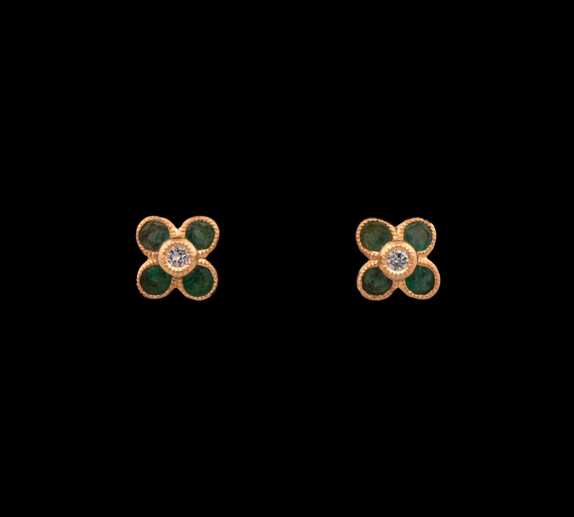 14K Yellow Gold Emerald And Diamond Floral Stud Earrings