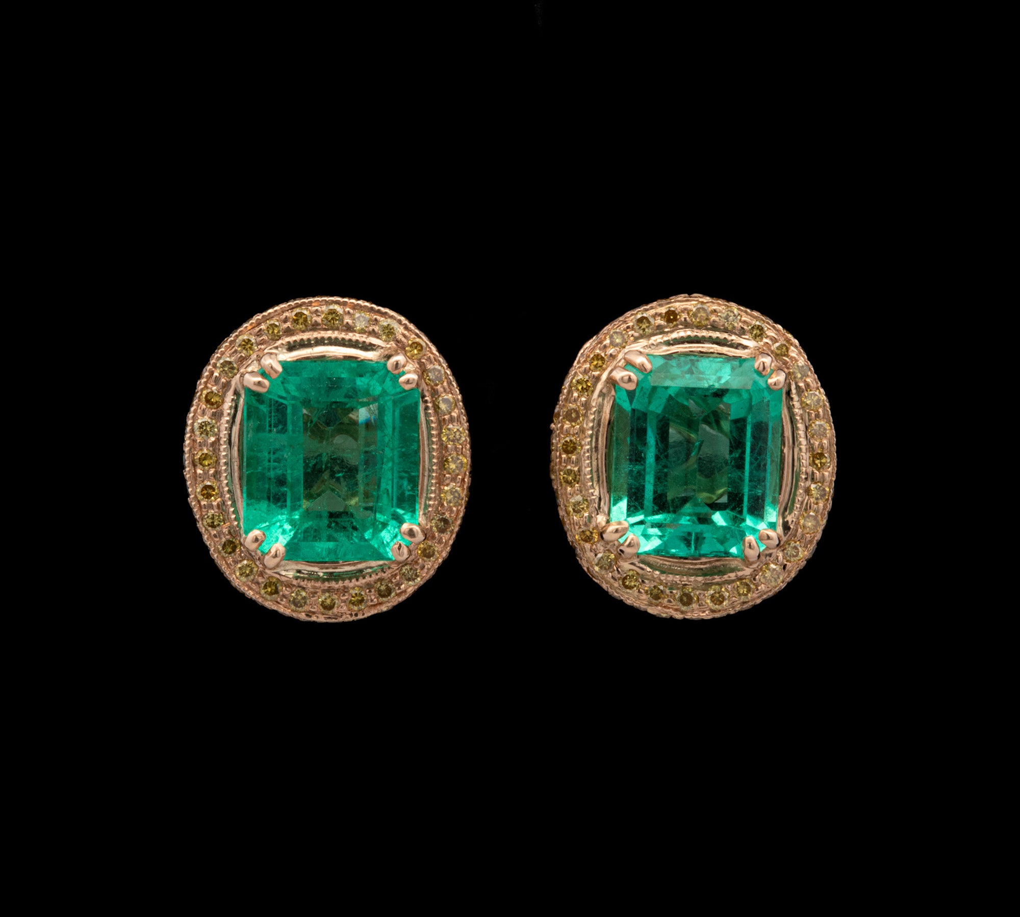 18K Yellow Gold Colombian Emerald And Diamond Stud Earrings