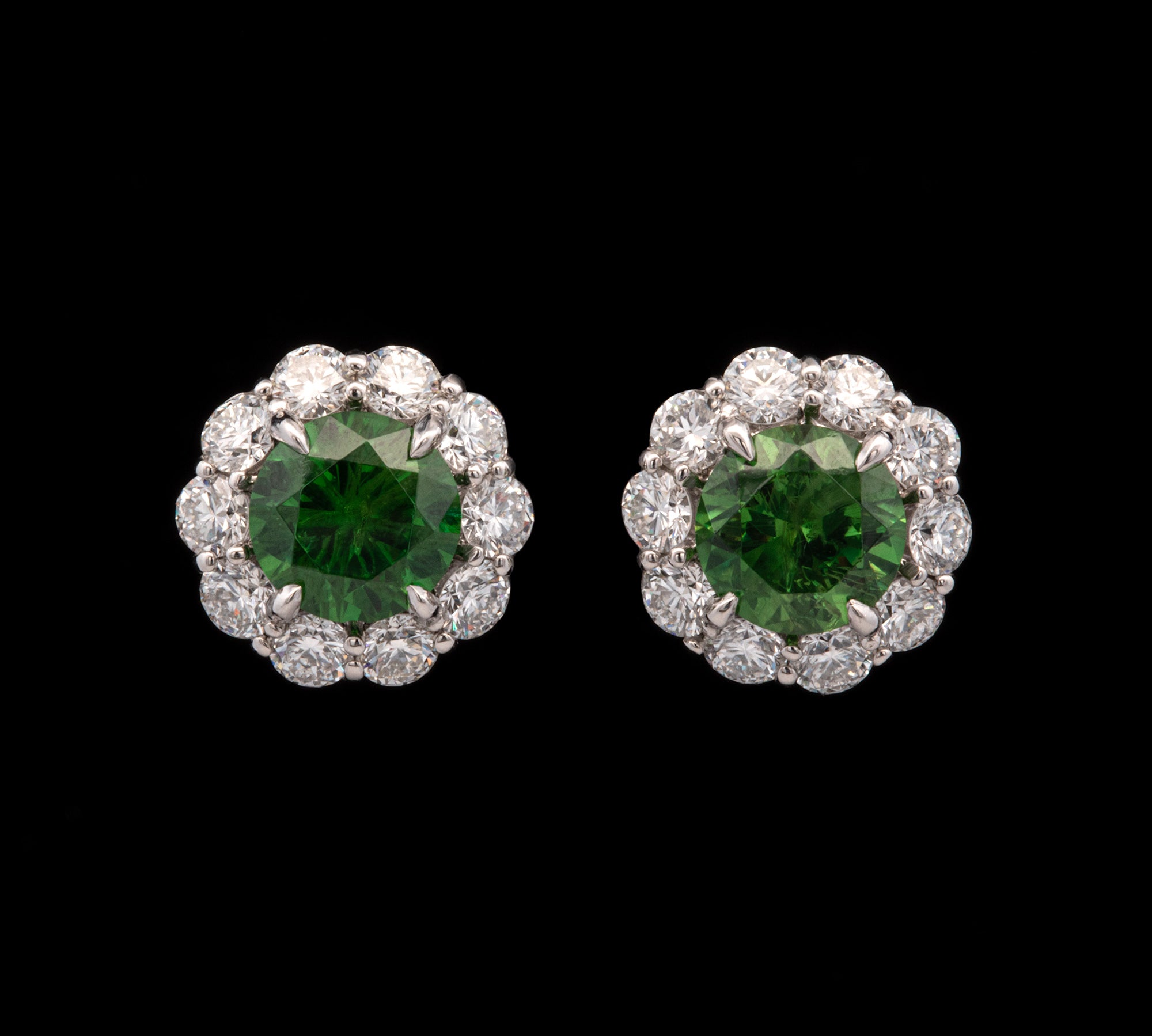 Platinum Russian Demantoid Garnet And Diamond Halo Stud Earrings