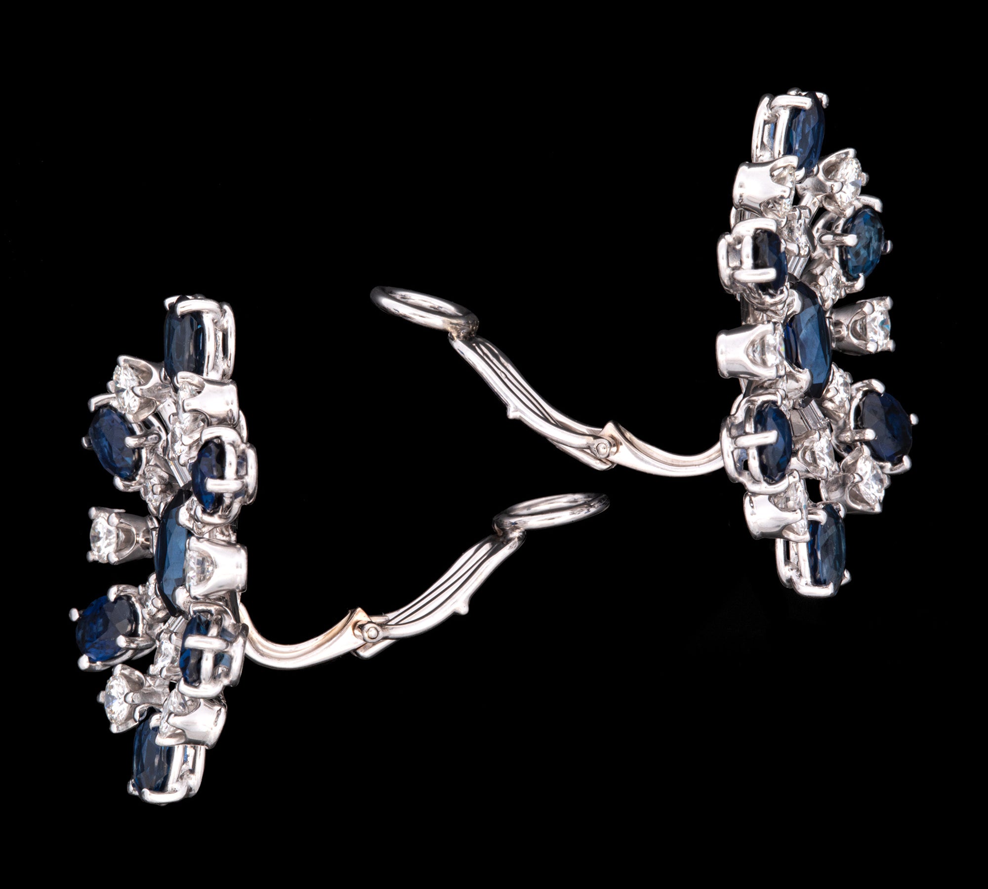 Platinum Sapphire And Diamond Cluster Snowflake Earrings With Omega Backs, Circa 1950's