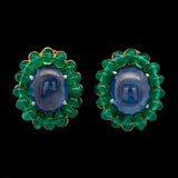 Platinum And 18K Yellow Gold Cabochon Sapphire And Emerald Earrings With Omega Backs