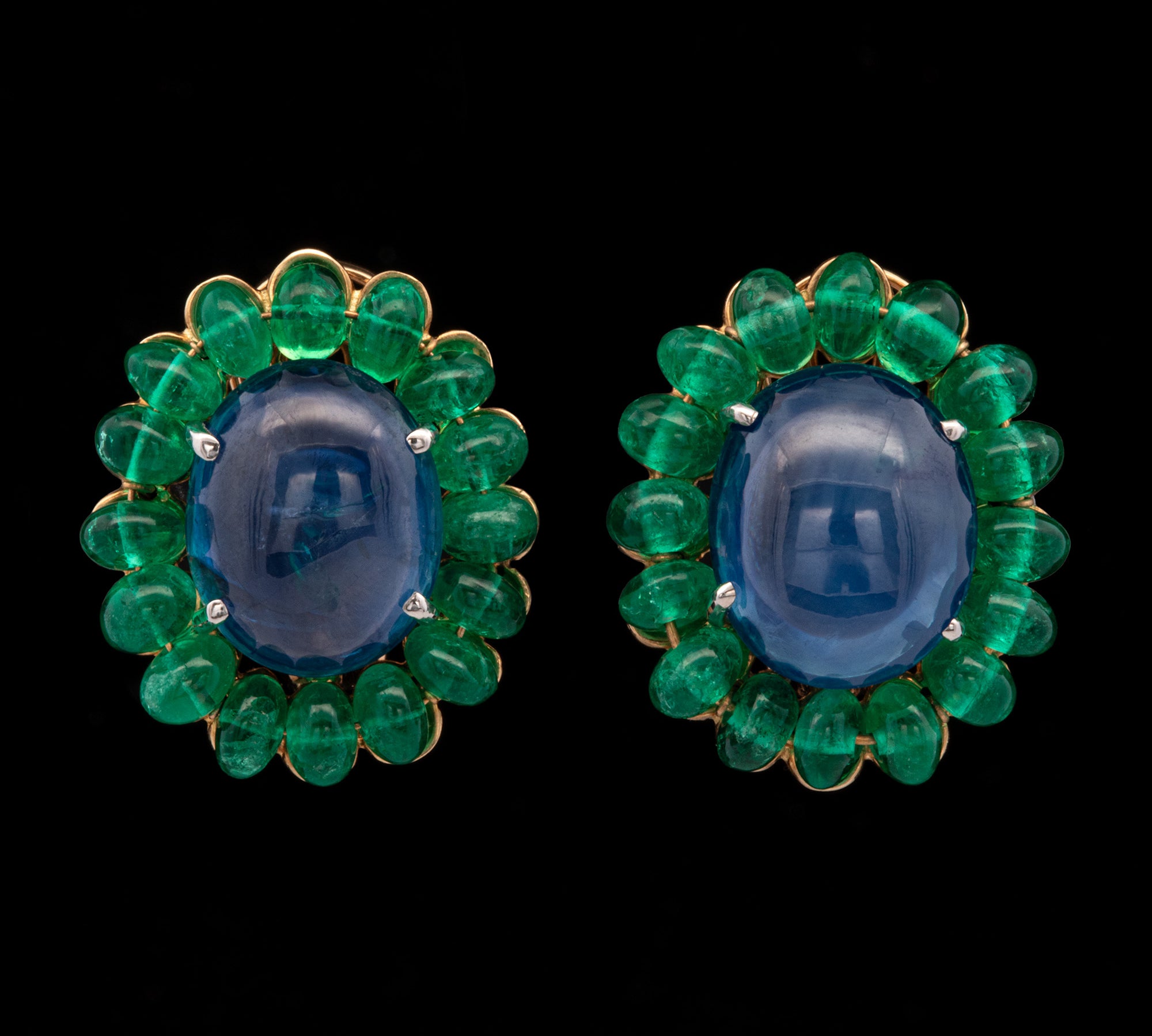 Platinum And 18K Yellow Gold Cabochon Sapphire And Emerald Earrings With Omega Backs