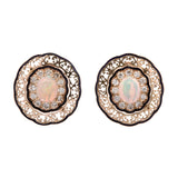14K Yellow Gold Opal And Diamond Halo Scroll Work Earrings With Enamel Boarders And Omega Back