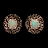 14K Yellow Gold Opal And Diamond Halo Scroll Work Earrings With Enamel Boarders And Omega Back