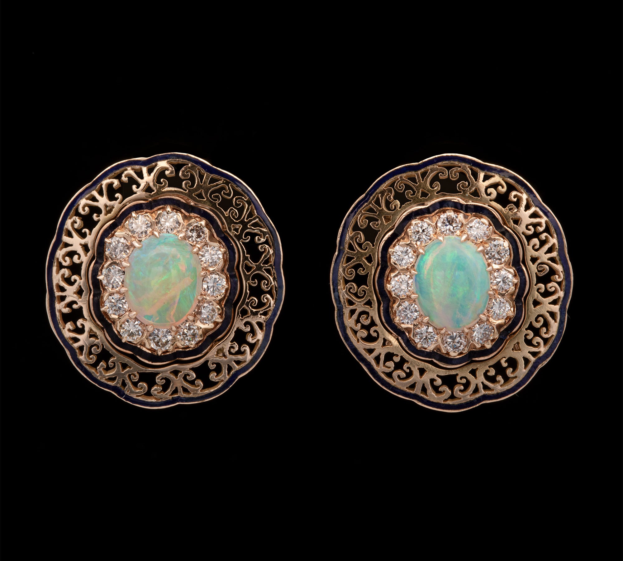 14K Yellow Gold Opal And Diamond Halo Scroll Work Earrings With Enamel Boarders And Omega Back