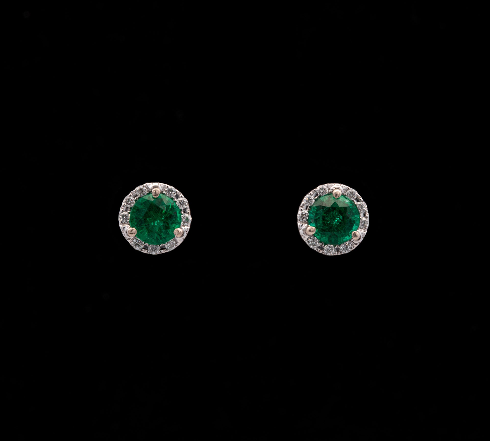 14K White Gold Emerald And Diamond Halo Stud Earrings