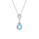 18K White Gold Pear Cut Aquamarine And Diamond Pendant With 16 Inch Chain