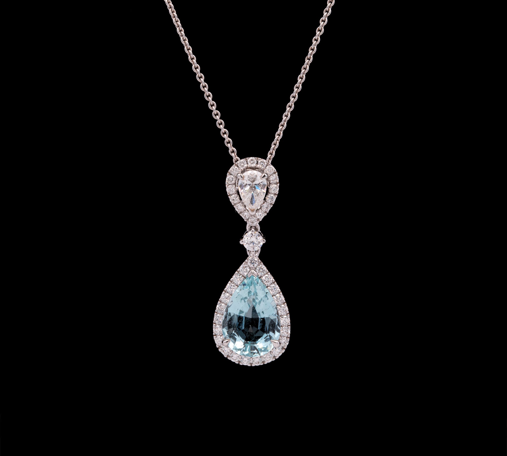 18K White Gold Pear Cut Aquamarine And Diamond Pendant With 16 Inch Chain
