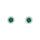 18K White Gold Emerald And Diamond Halo Stud Earrings