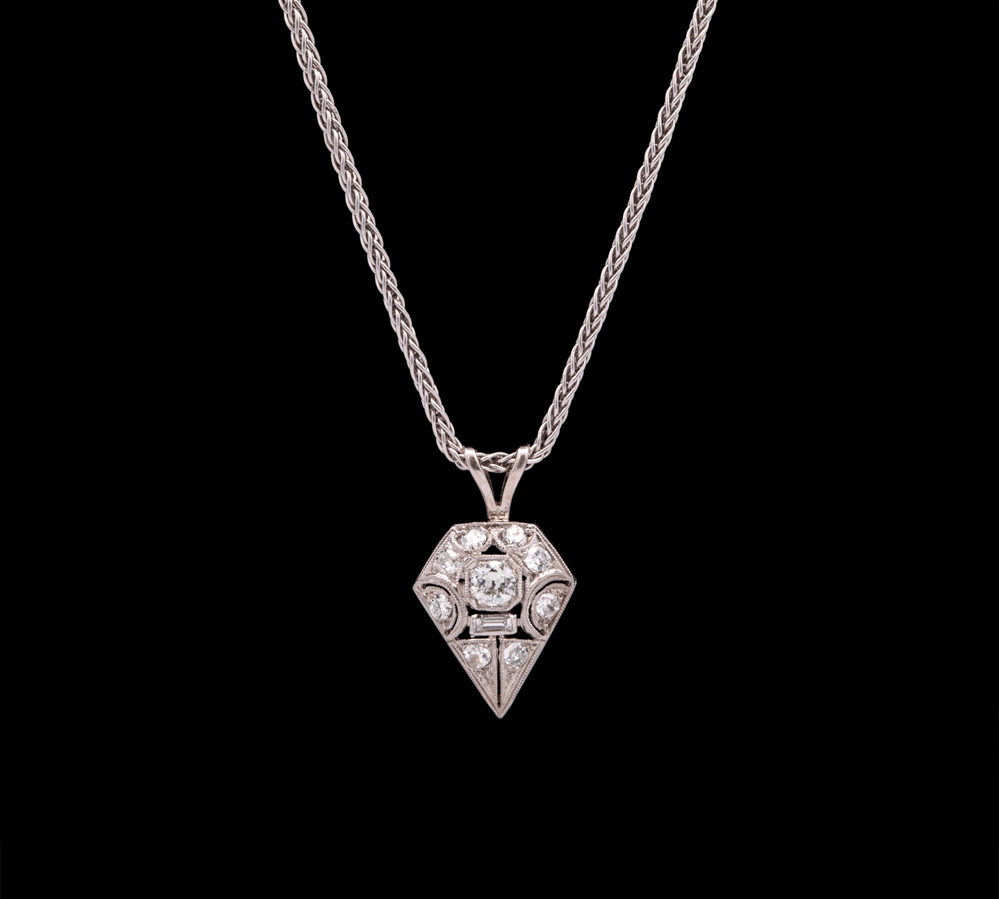 Platinum Diamond Pendant With 18 Inch 14K White Gold Wheat Chain