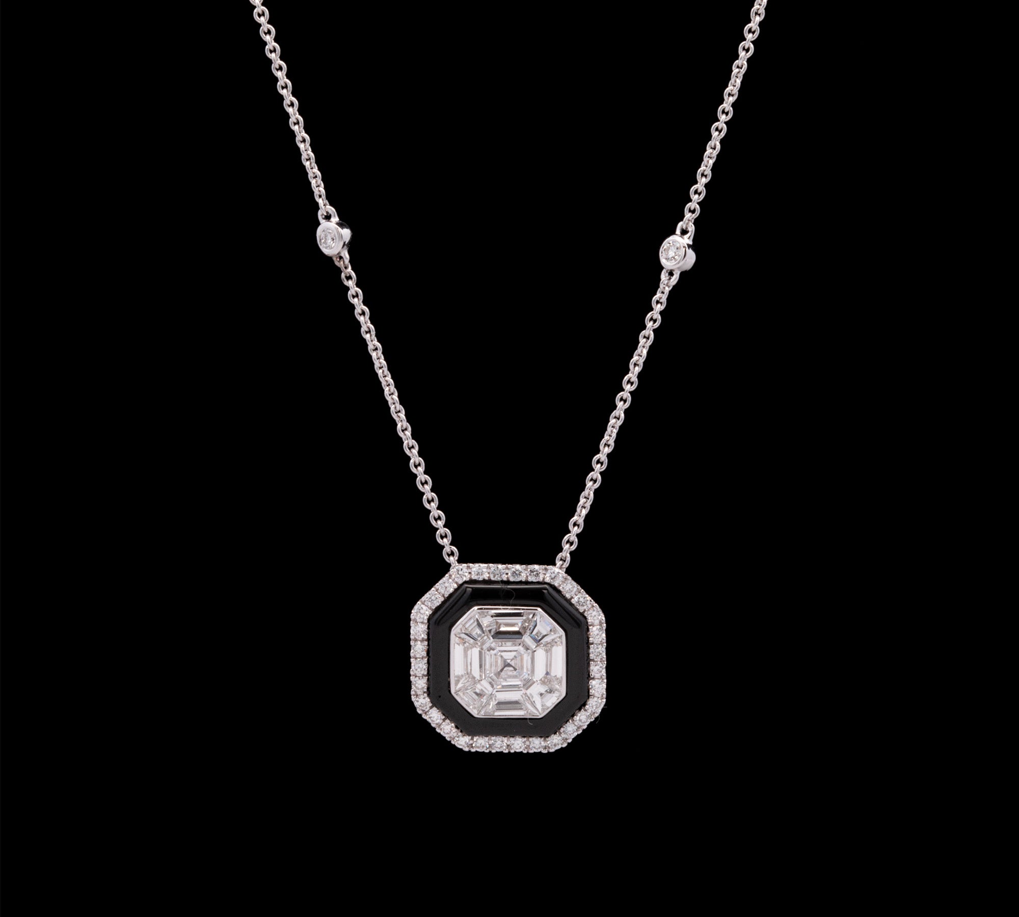 18K White Gold Diamond And Onyx Pendant With Diamond Station Necklace, 16 Inches