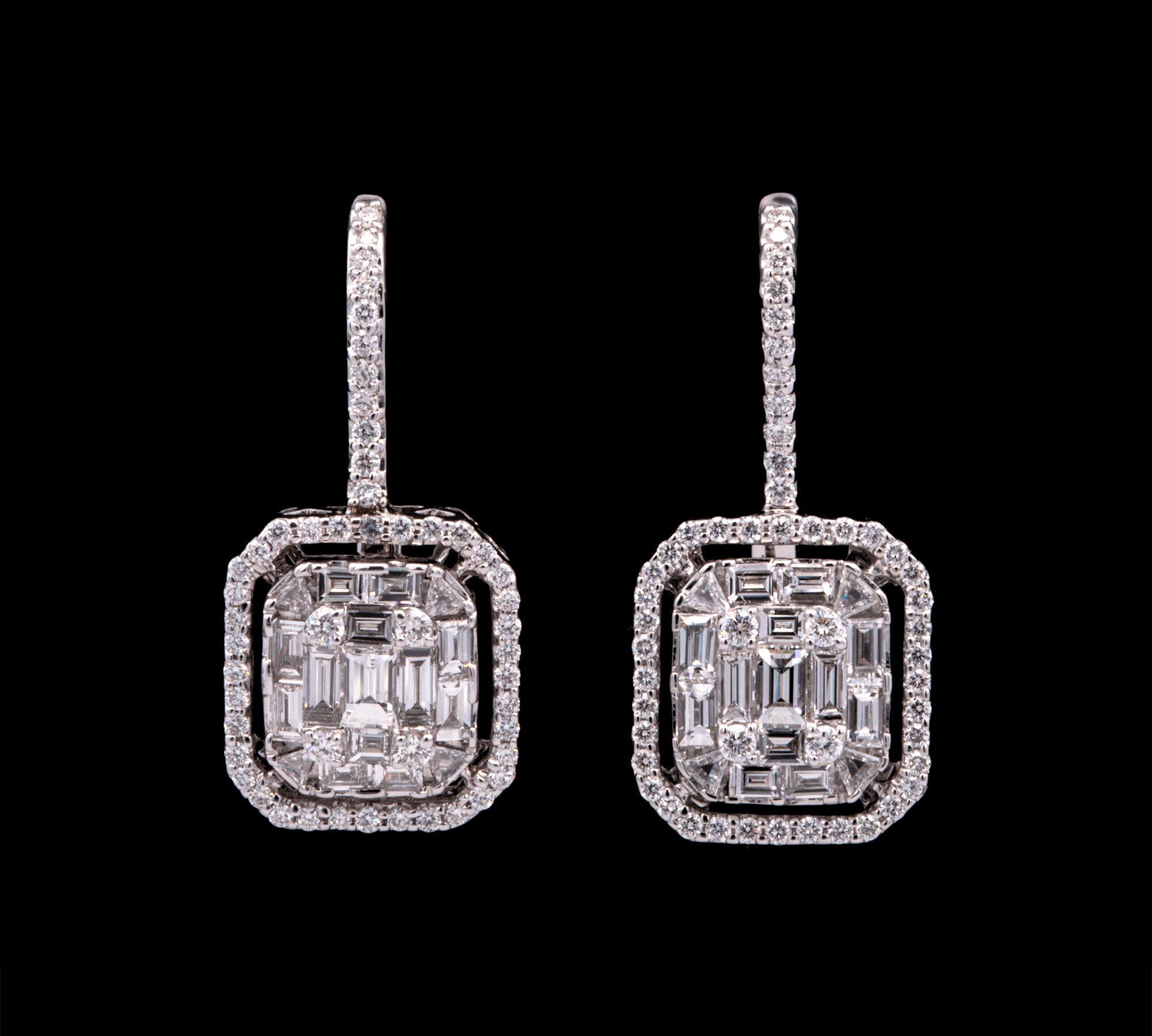 18K White Gold Round And Baguette Drop Earrings