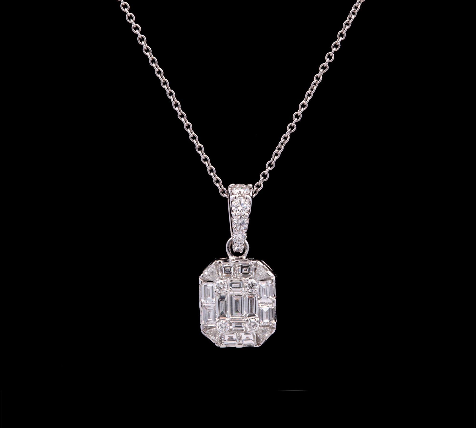 18K White Gold Round And Baguette Diamond Pendant And Chain