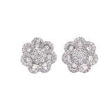 18K White Gold Baguette And Round Diamond Flower Stud Earrings