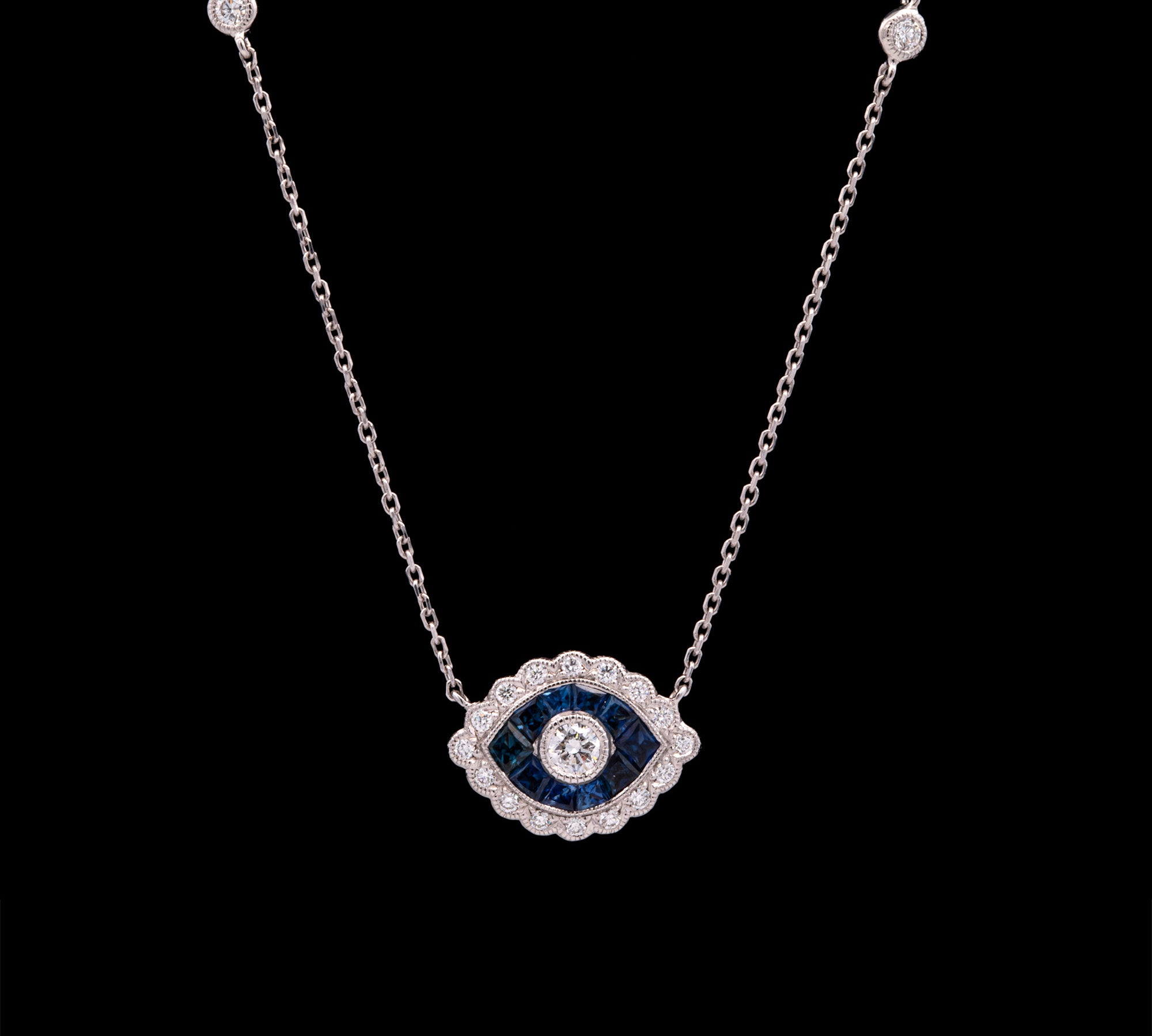 18K White Gold Sapphire And Diamond Necklace With Diamond Station Chain