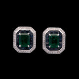 18K White Gold Emerald, Sapphire And Diamond Earrings With Post And Omega Backs