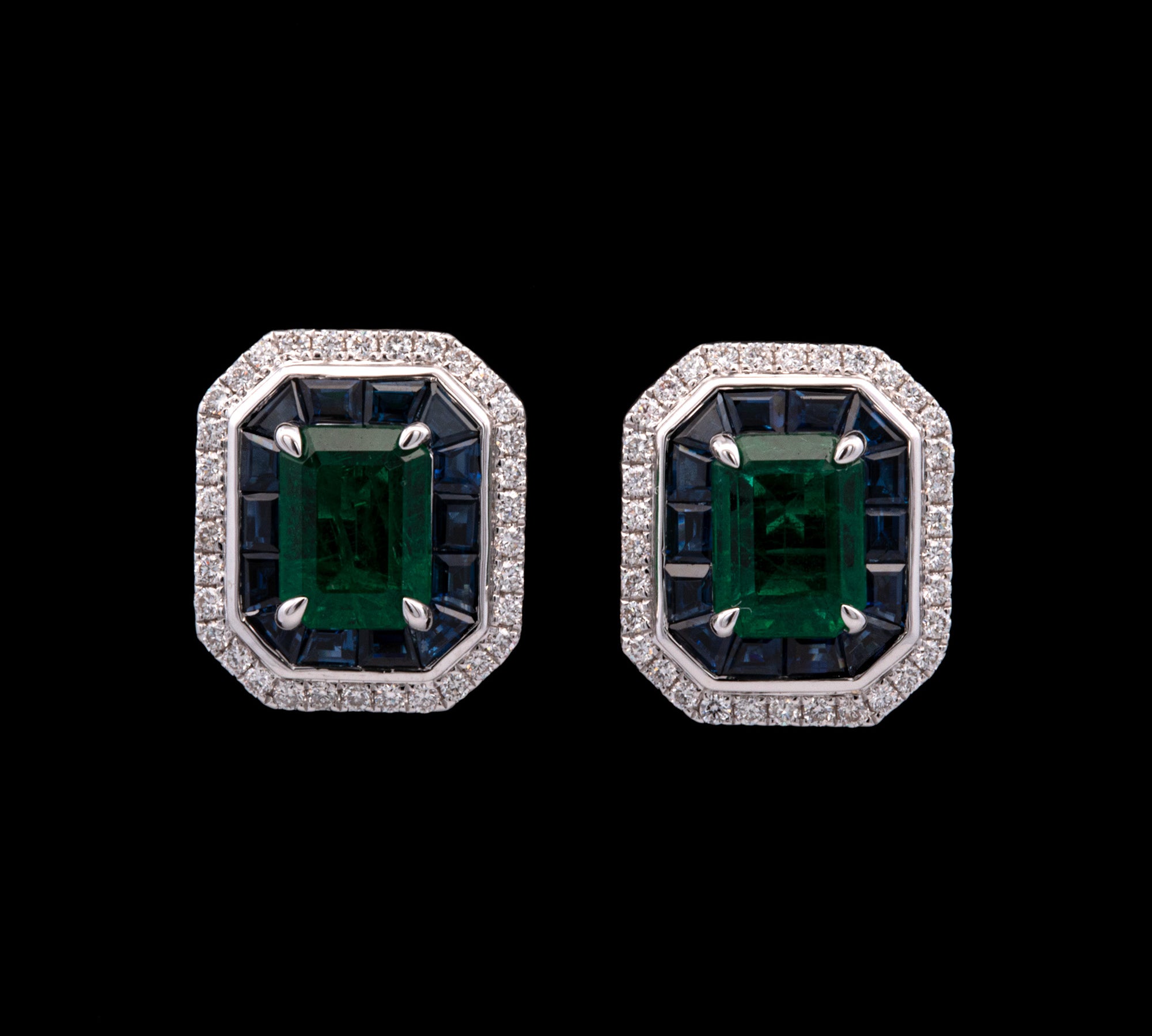 18K White Gold Emerald, Sapphire And Diamond Earrings With Post And Omega Backs