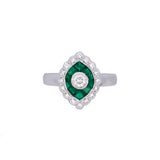 18K White Gold French Cut Emerald And Round Diamond Diamond Ring