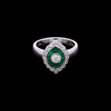 18K White Gold French Cut Emerald And Round Diamond Diamond Ring