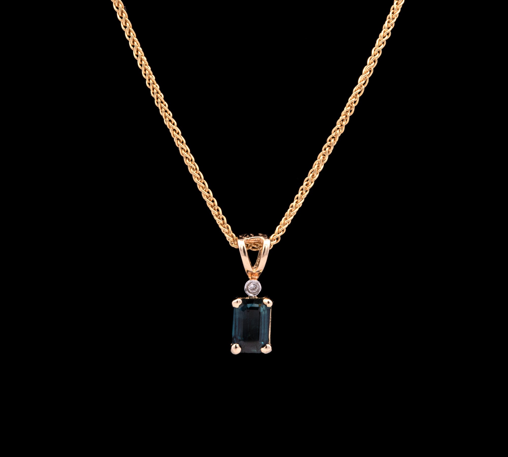 14K Yellow Gold Sapphire Pendant With 1mm Wheat Chain, 20 Inches
