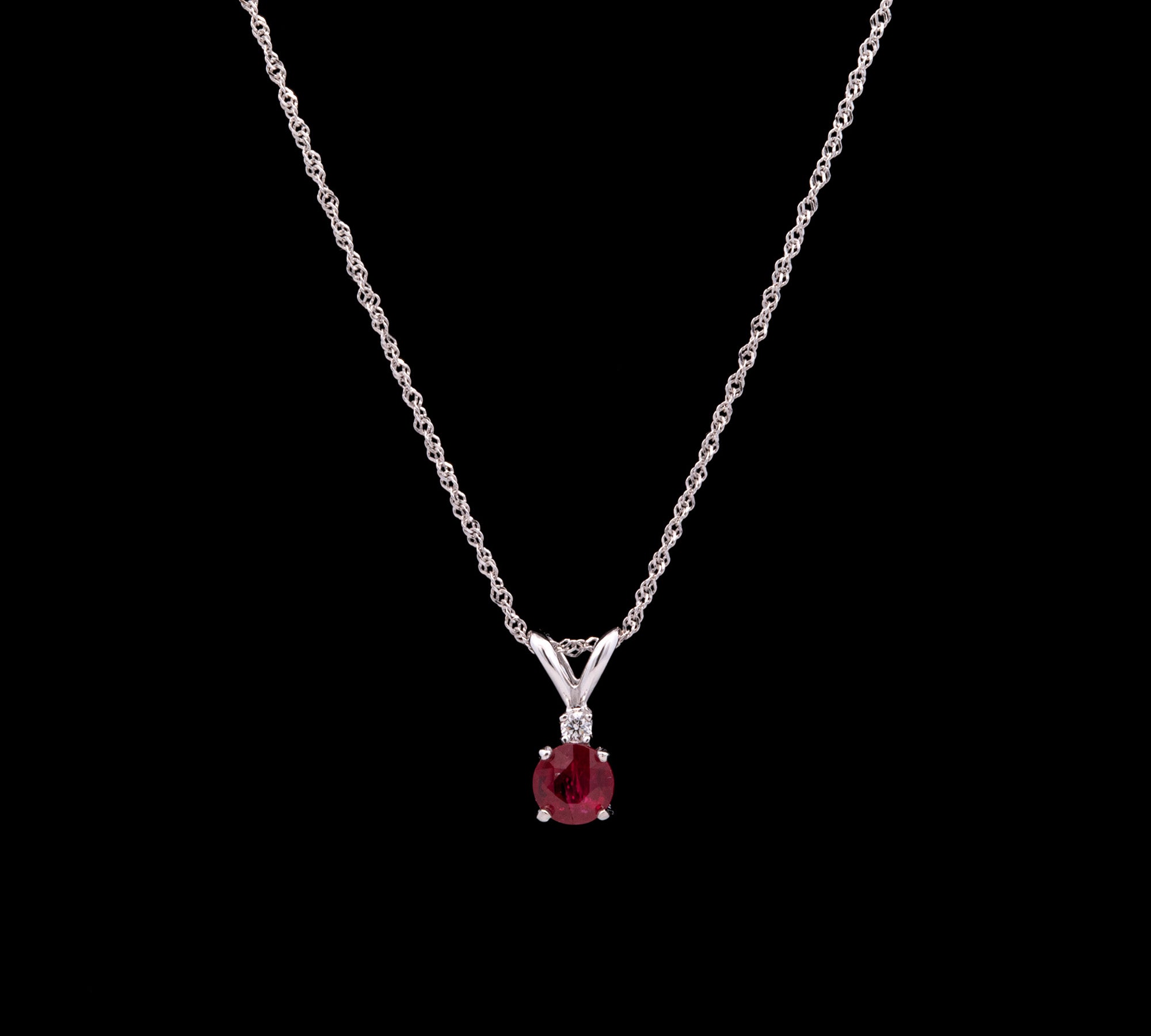 14K White Gold Ruby And Diamond Pendant With 16 Inch Diamond Cut Sparkle Singapore Chain