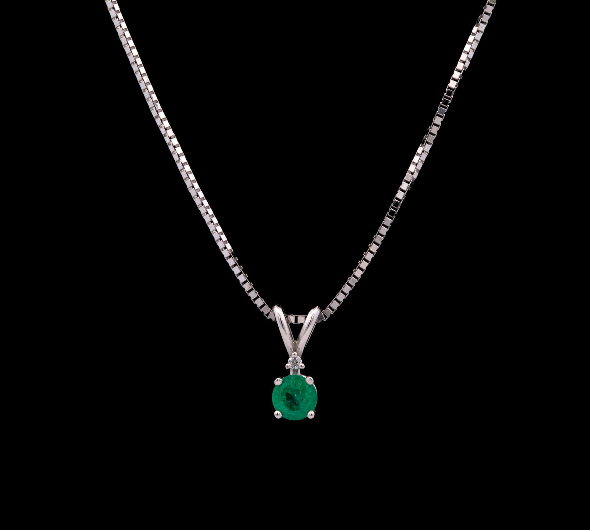 14K White Gold Emerald Pendant With Diamond Accent And 0.75mm 16 Inch Box Chain With Lobster Clasp