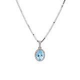 14K White Gold 1.53ctw Oval Aquamarine And Diamond Halo Pendant With 18 Inch Chain