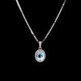 14K White Gold 1.53ctw Oval Aquamarine And Diamond Halo Pendant With 18 Inch Chain