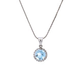 14K White Gold Aquamarine And Diamond Halo Pendant With 18 Inch Wheat Chain