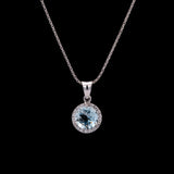14K White Gold Aquamarine And Diamond Halo Pendant With 18 Inch Wheat Chain