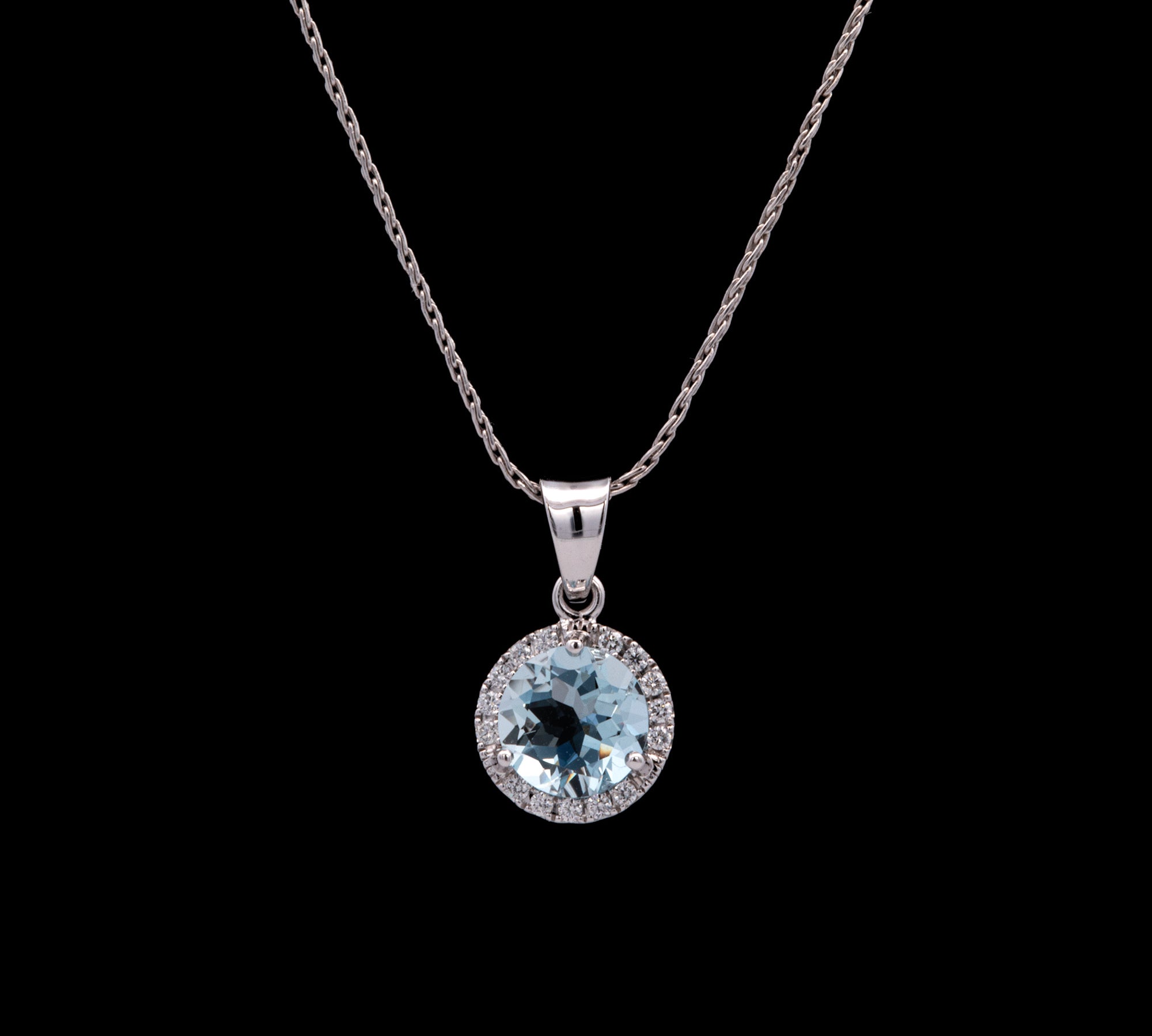 14K White Gold Aquamarine And Diamond Halo Pendant With 18 Inch Wheat Chain