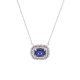 14K White Gold Tanzanite And Double Diamond Halo Necklace,18 Inches