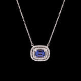 14K White Gold Tanzanite And Double Diamond Halo Necklace,18 Inches