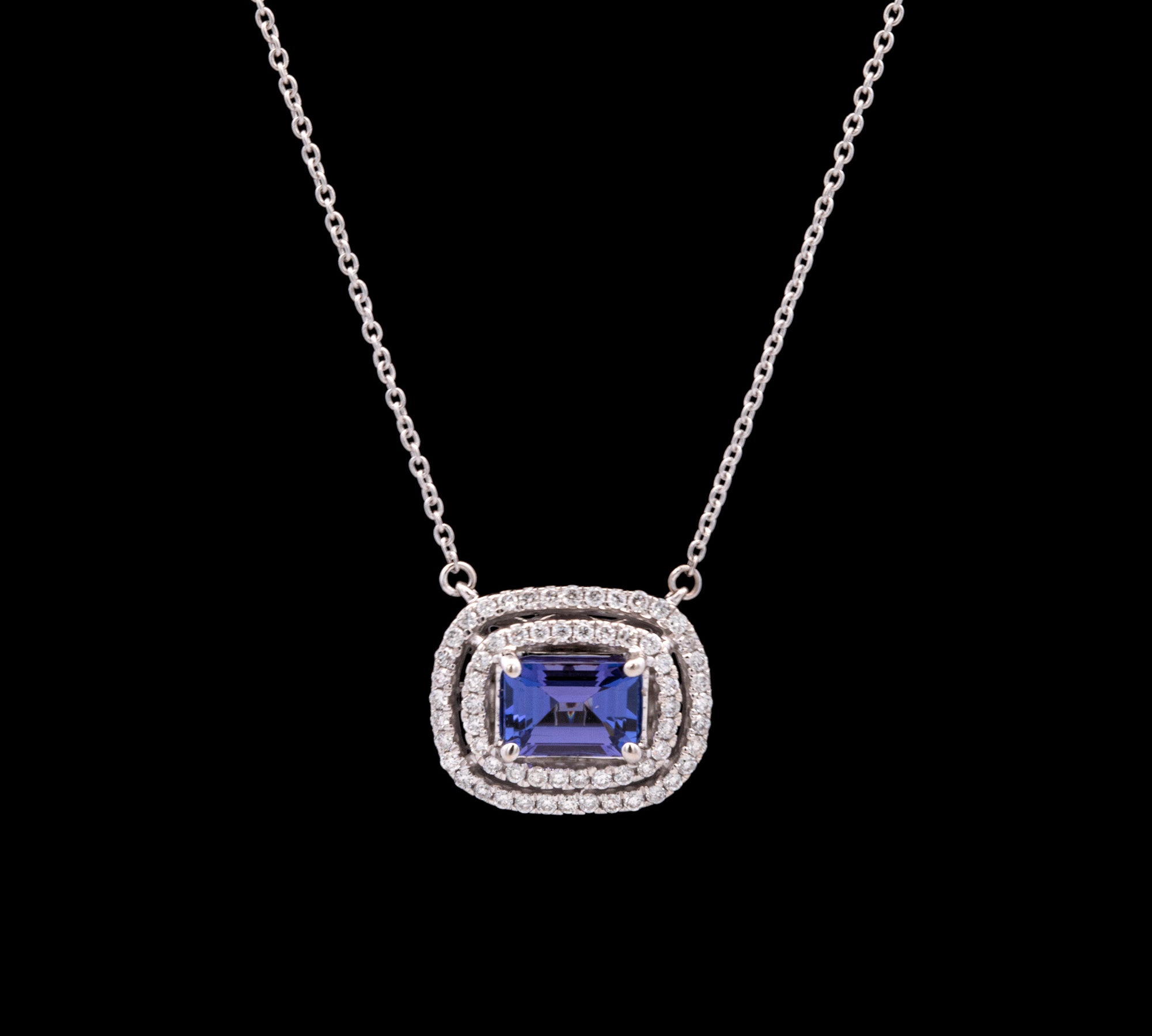 14K White Gold Tanzanite And Double Diamond Halo Necklace,18 Inches