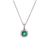 18K White Gold Square Emerald And Diamond Halo Pendant With 16 Inch Chain