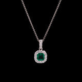 18K White Gold Square Emerald And Diamond Halo Pendant With 16 Inch Chain