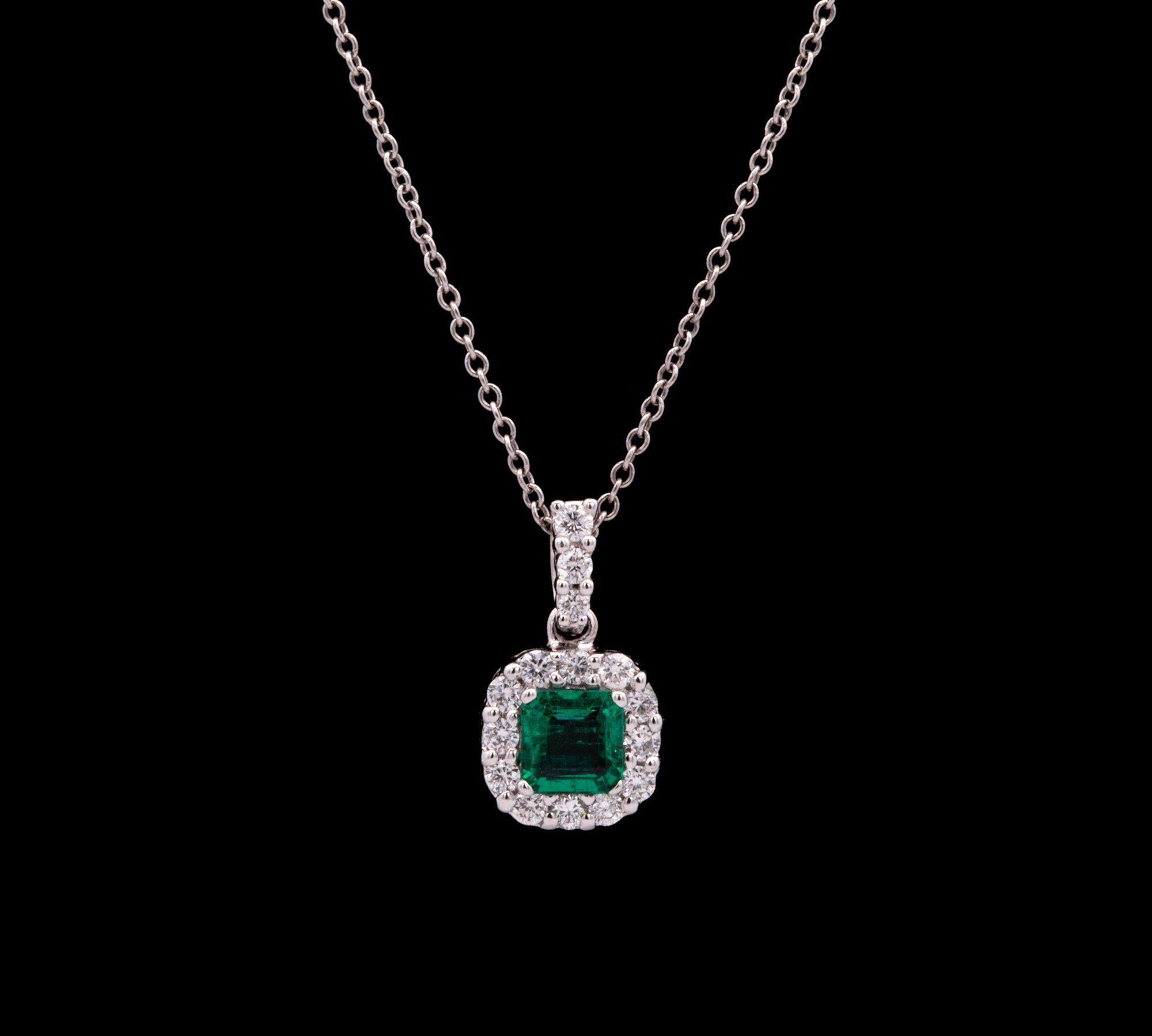 18K White Gold Square Emerald And Diamond Halo Pendant With 16 Inch Chain