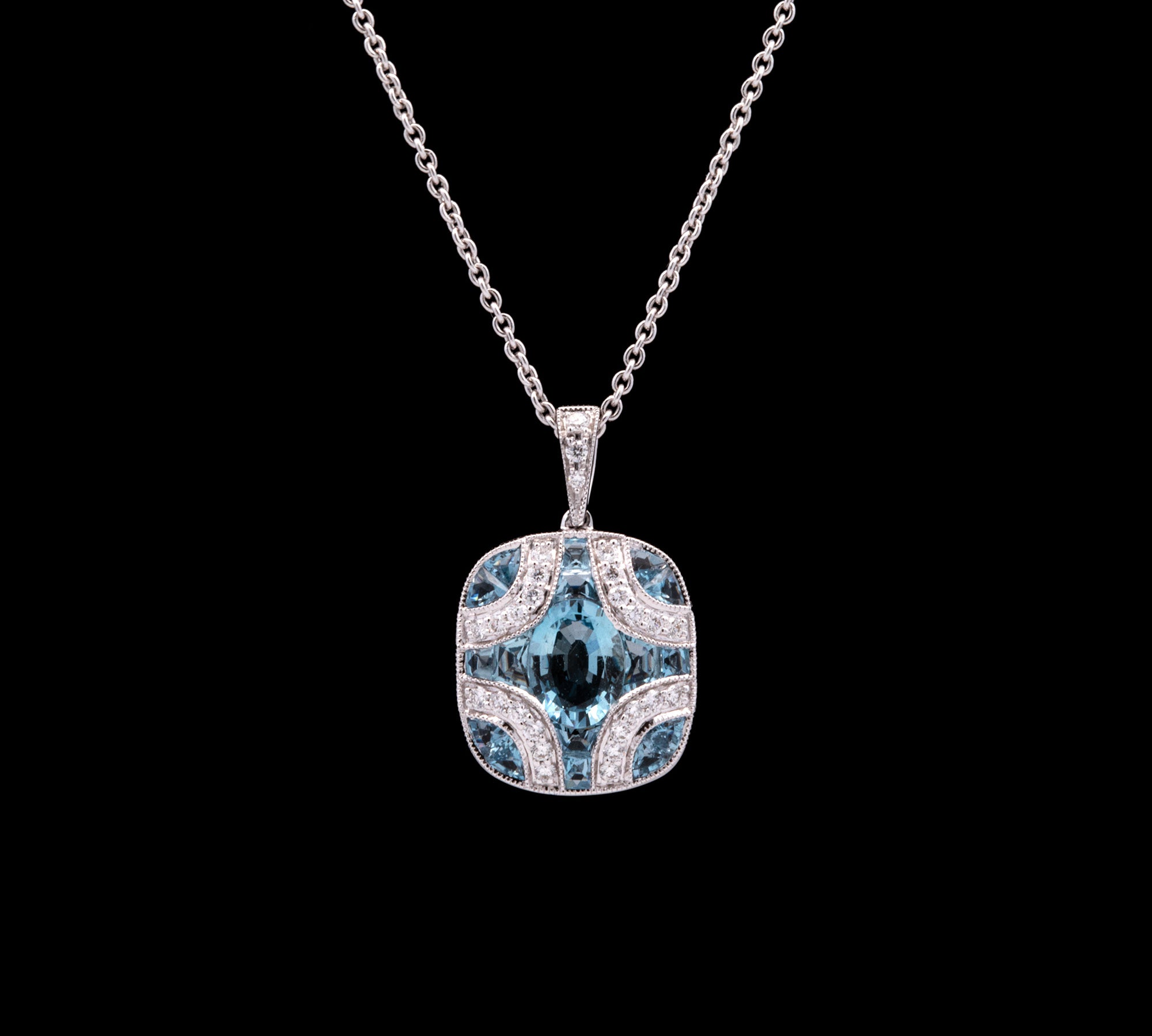 18K White Gold Aquamarine And Diamond Pendant With 16 Inch Chain