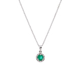 14K White Gold 0.69ctw Emerald And Diamond Halo Pendant With 16 Inch Singapore Sparkle Chain
