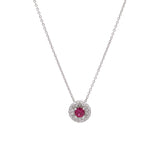 18K White Gold Ruby And Diamond Halo Pendant With 18 Inch Chain