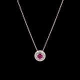 18K White Gold Ruby And Diamond Halo Pendant With 18 Inch Chain