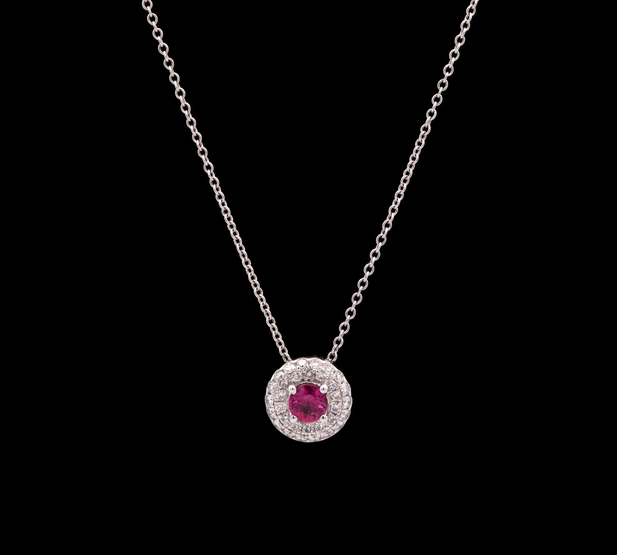 18K White Gold Ruby And Diamond Halo Pendant With 18 Inch Chain