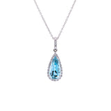 14K White Gold Aquamarine And Diamond Halo Pendant With 15 Inch Diamond Cut Cable Chain