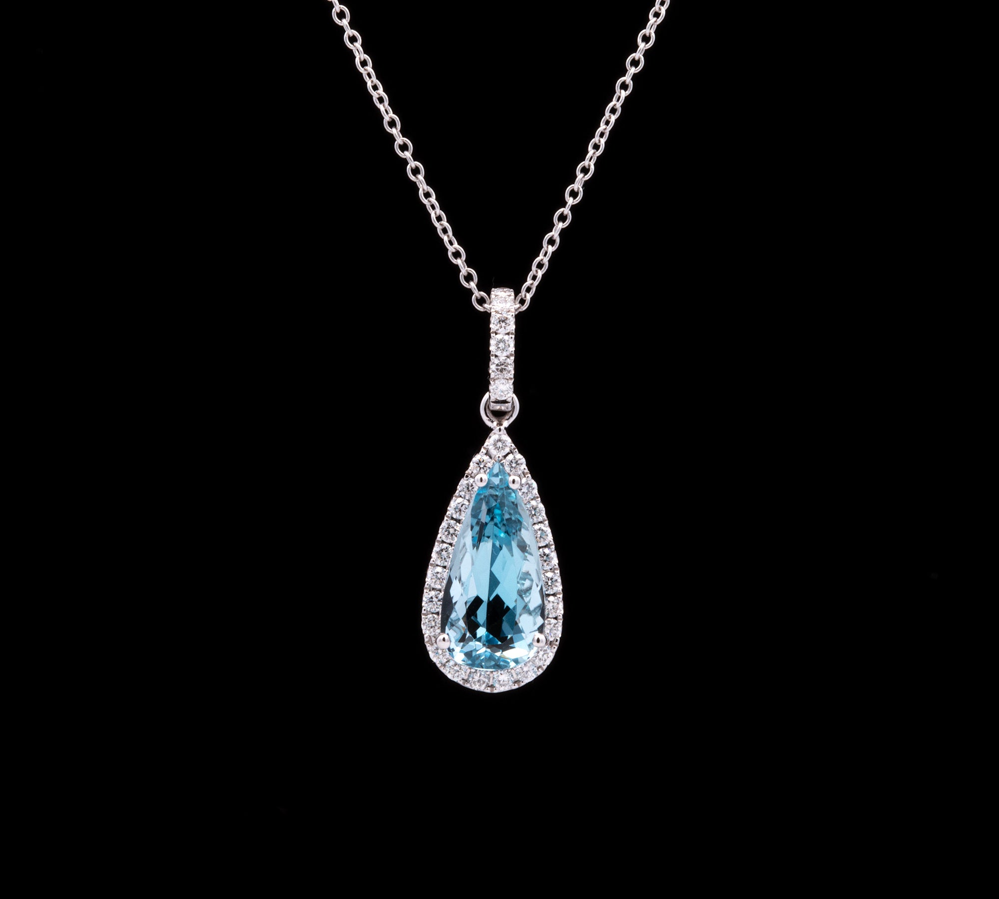 14K White Gold Aquamarine And Diamond Halo Pendant With 15 Inch Diamond Cut Cable Chain