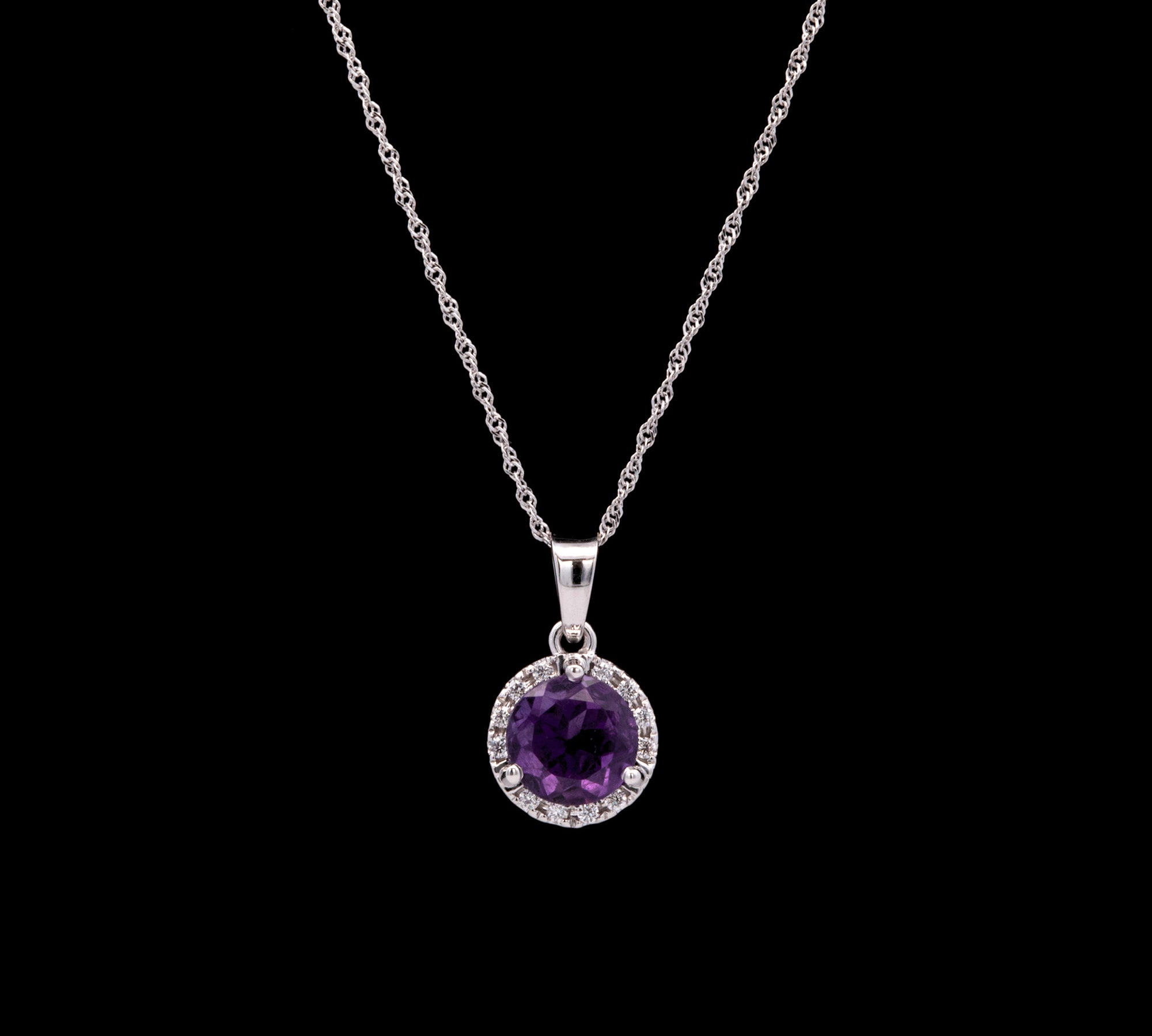 14K White Gold Amethyst And Diamond Halo Pendant And 18 Inch 0.5mm Diamond Cut Singapore Chain